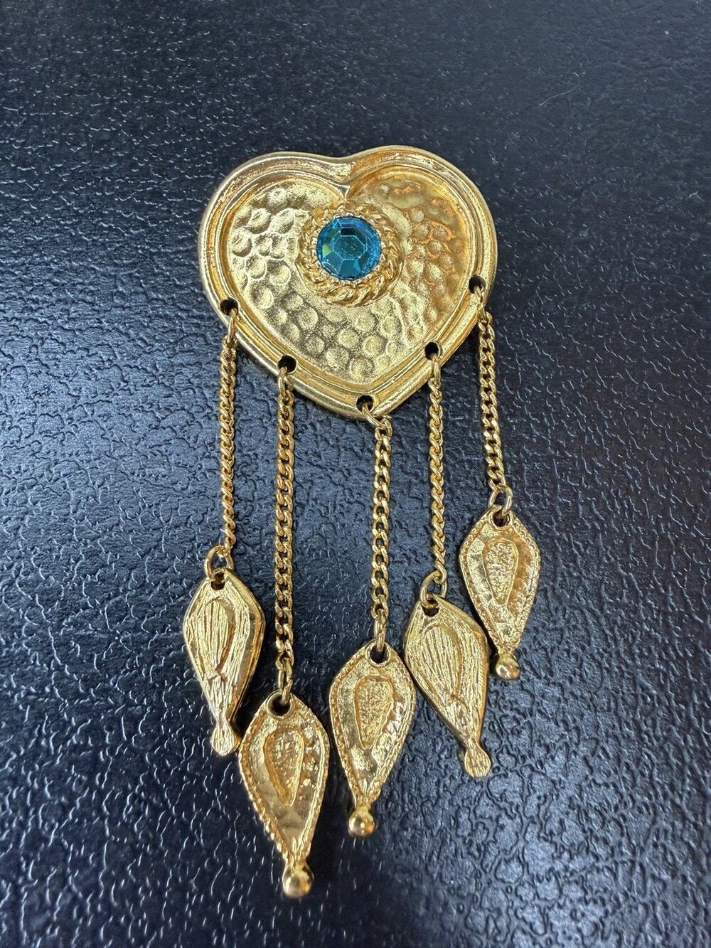 Vintage Rhinestone Gold Tone Heart Dangles Renaissance Fair Castle Brooch Pin